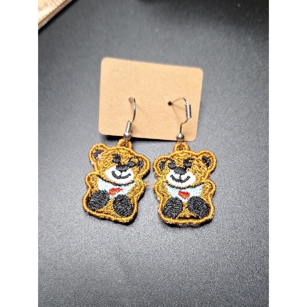 Embroidered brown Teddy Bear Dangle Earrings